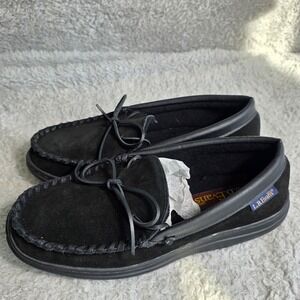L.B. Evans Mens Black Suede Moccasin Slippers 9 EEE Extra Wide Leather Upper NEW